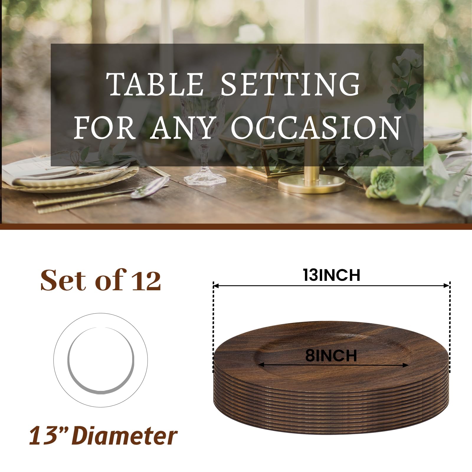 MAONAME faux-wood textured charger closeup highlights natural rustic charm.