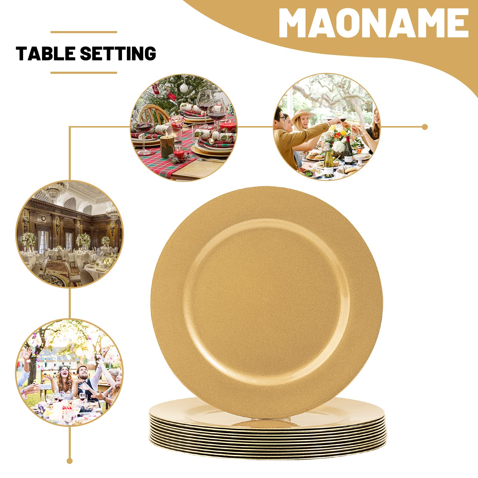 MAONAME Gold Charger Plates close-up reveals smooth edges and gleaming surface.