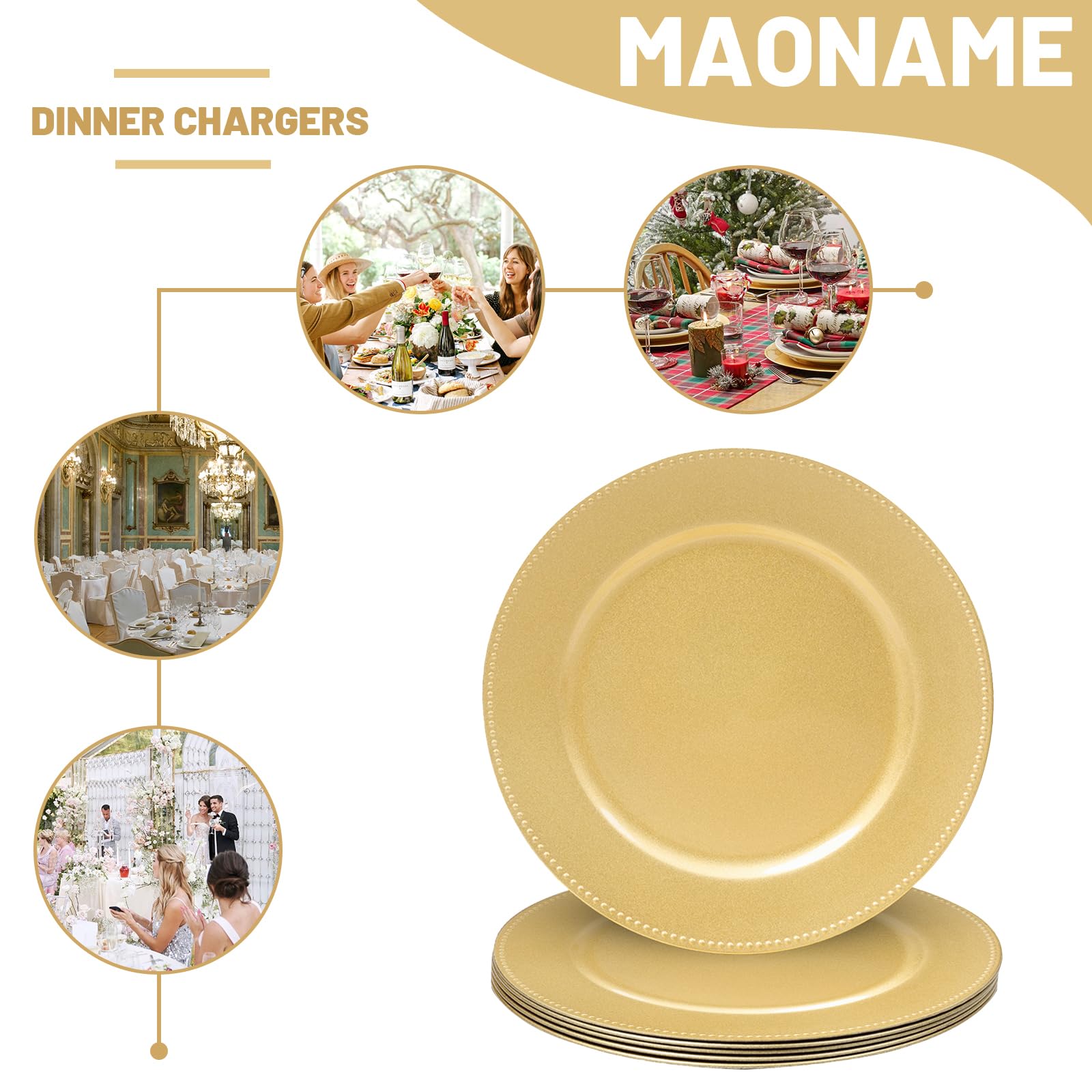 MAONAME round charger plate adds chic touch under plates for catering events.