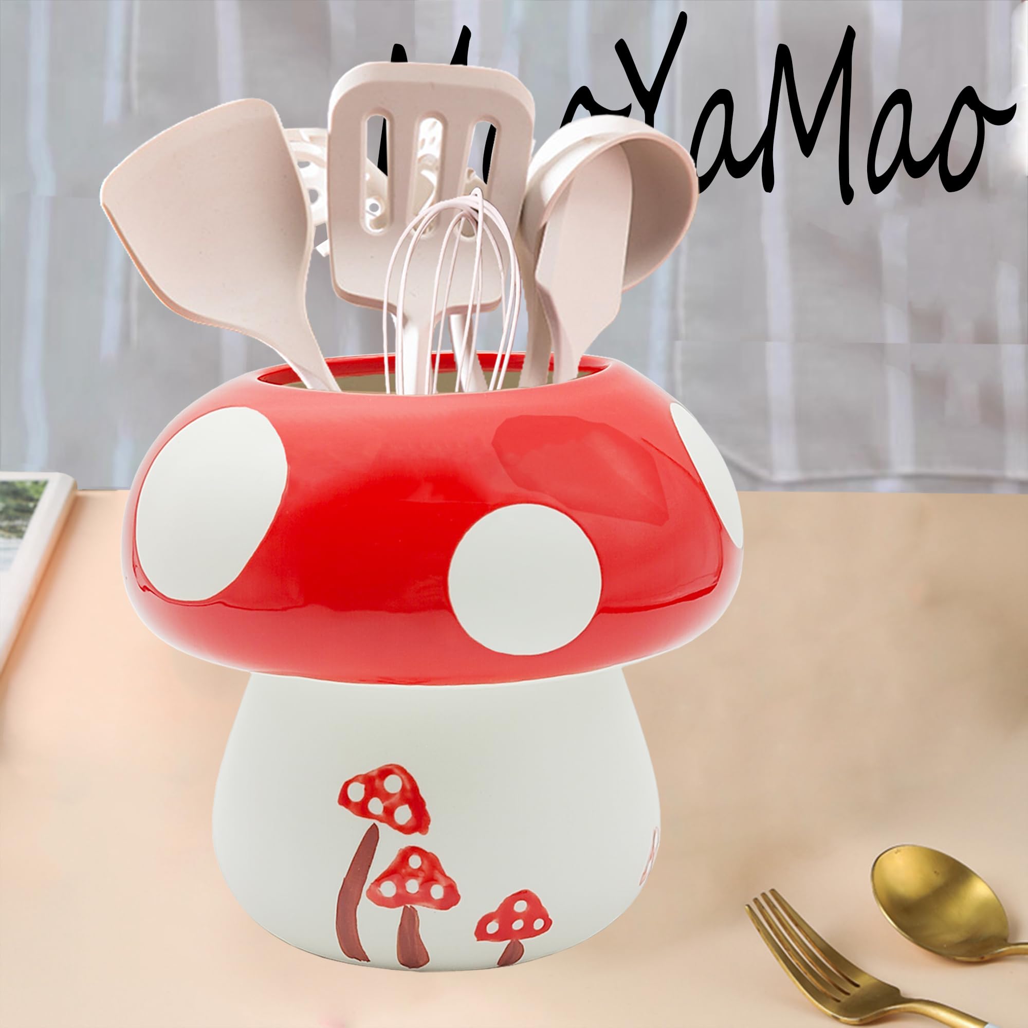 MaoYaMao mushroom utensil holder in use on counter keeps tools accessible