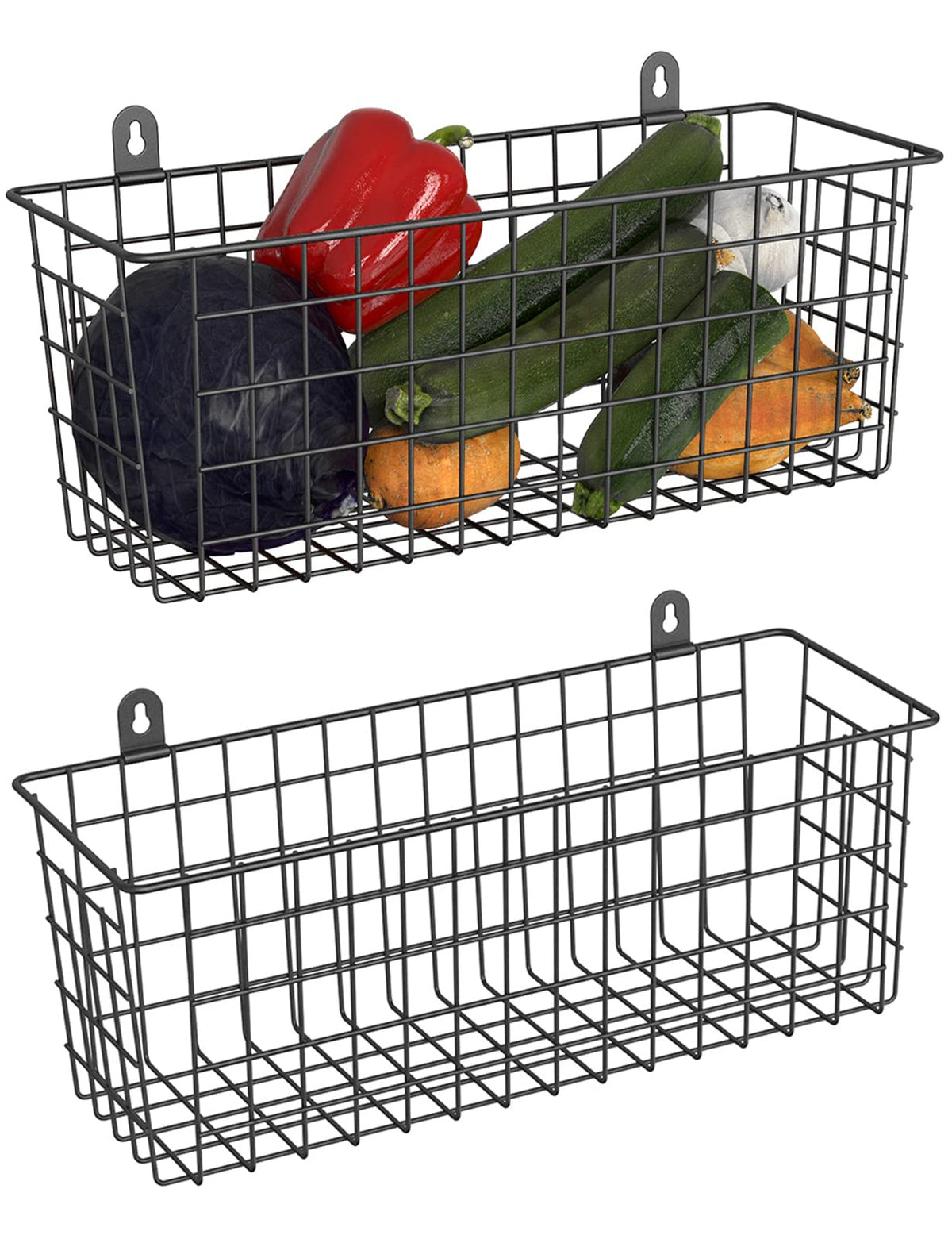 MaraFansie Extra Large Wire Basket 2-Pack on wall, ideal for pantry organization.