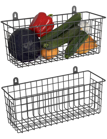 MaraFansie Extra Large Wire Basket 2-Pack on wall, ideal for pantry organization.