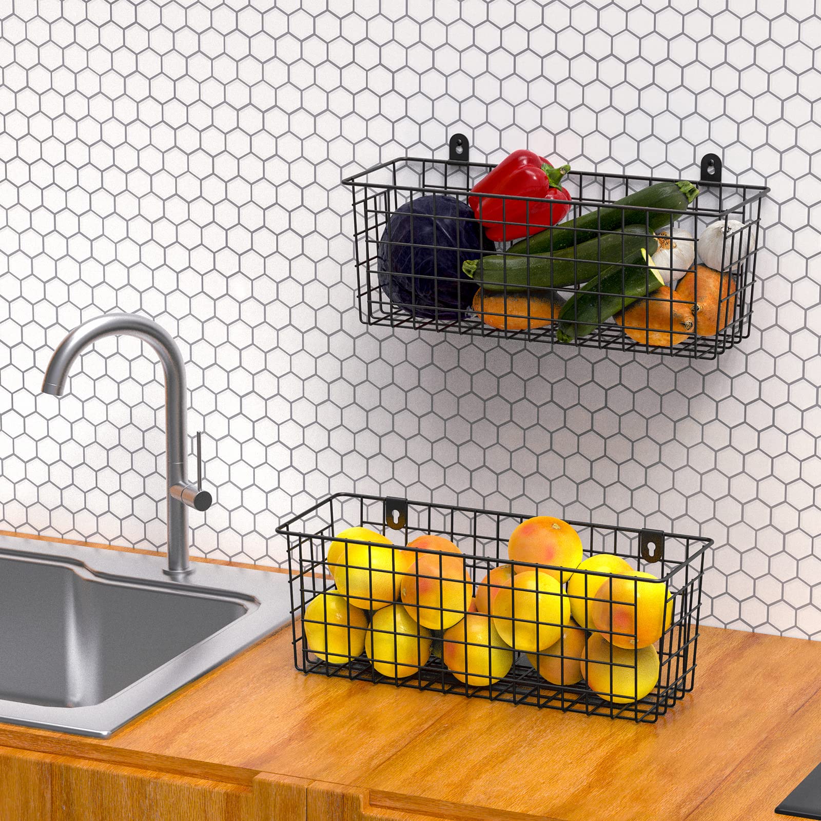 MaraFansie wall-mounted basket with screws included for sturdy kitchen storage.