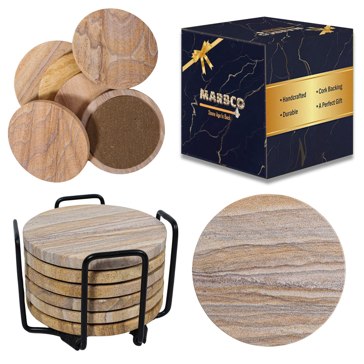 Marbco rainbow sandstone coaster round absorbent with non slip base for tidy tables