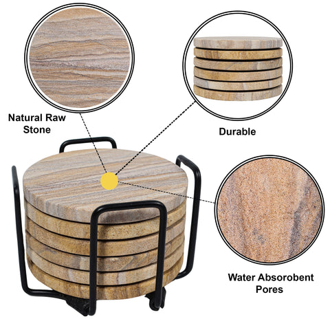 Marbco rainbow sandstone coaster set protects surfaces from rings during drinks