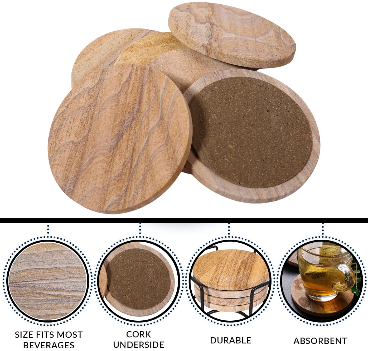 Marbco rainbow sandstone coaster with holder keeps the set organized on a desk