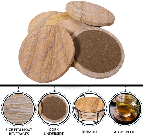 Marbco rainbow sandstone coaster with holder keeps the set organized on a desk