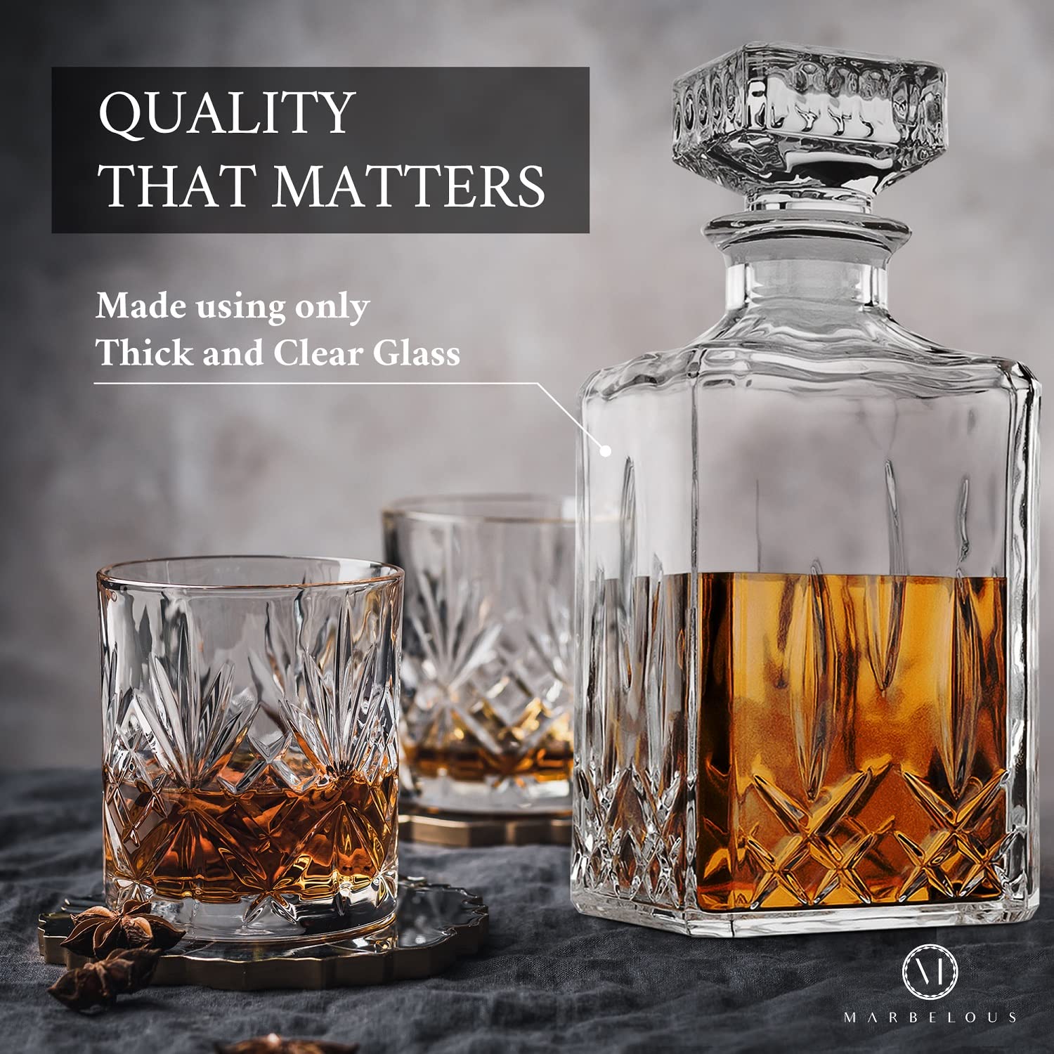 Marbelous decanter with crystal stopper provides airtight seal to preserve aroma.
