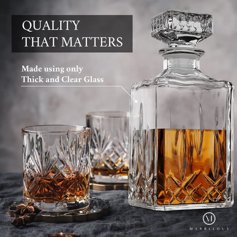 Marbelous decanter with crystal stopper provides airtight seal to preserve aroma.