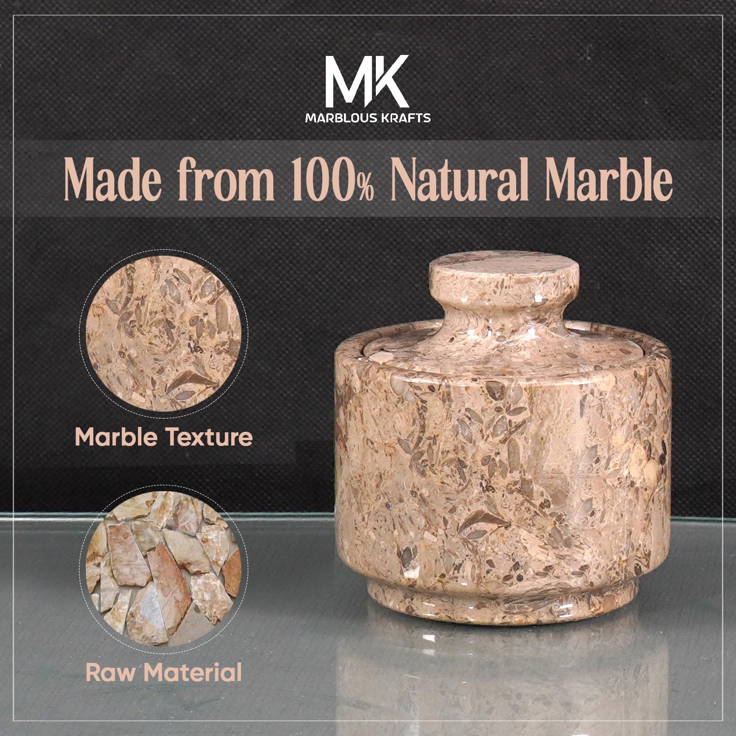MARBLOUS KRAFTS 3-inch marble bowl fits spices or sugar on the counter.