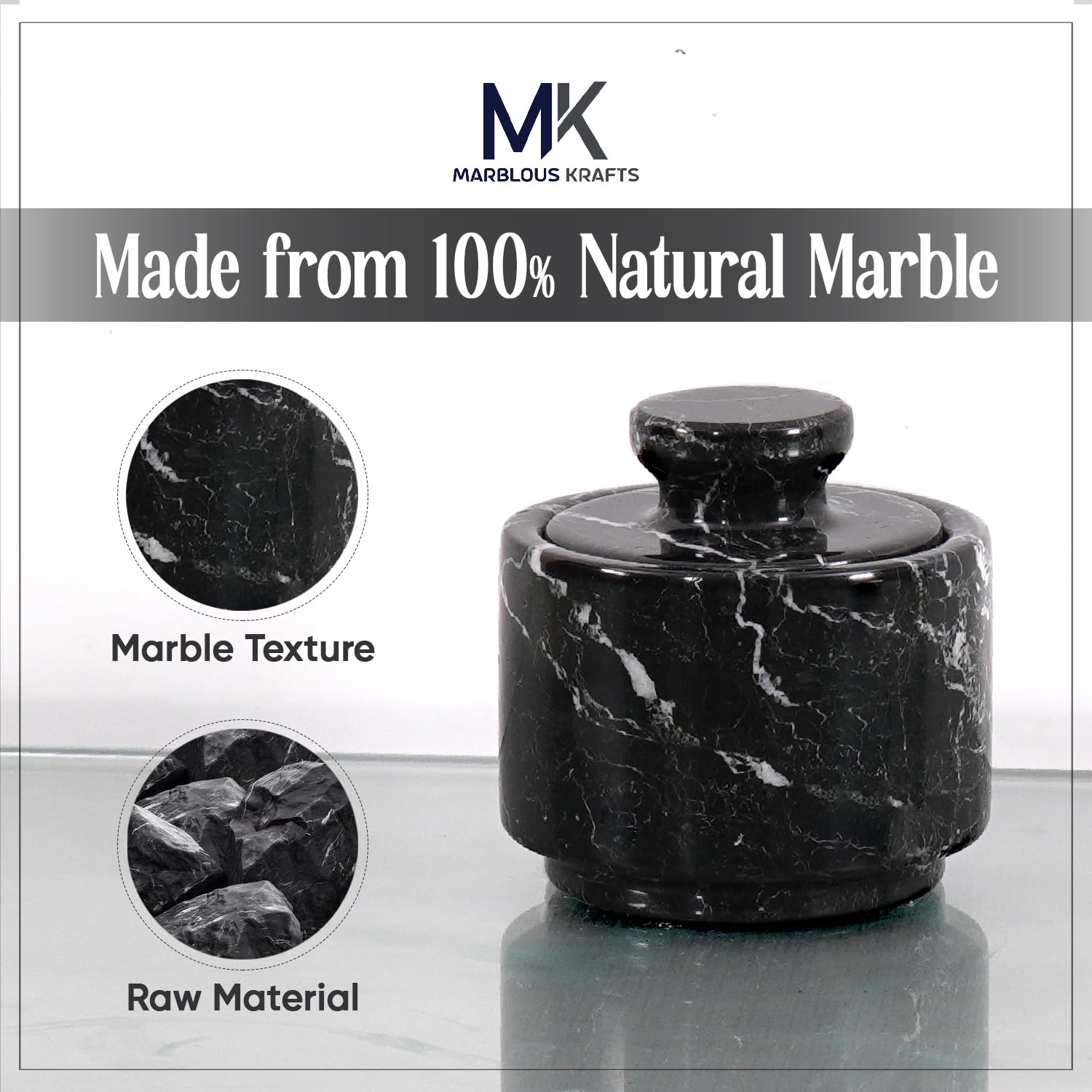 MARBLOUS KRAFTS marble dish with lid shown as a modern kitchen accessory.