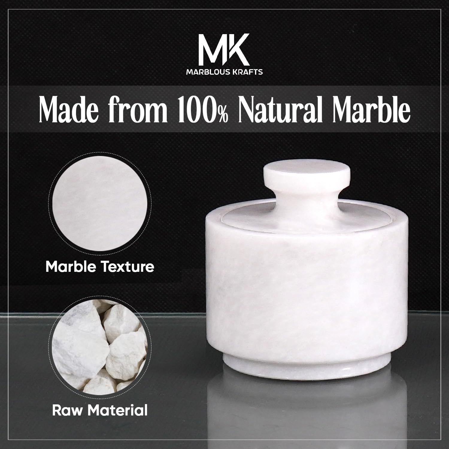 MARBLOUS KRAFTS marble salt cellar with lid shown in branded packaging.