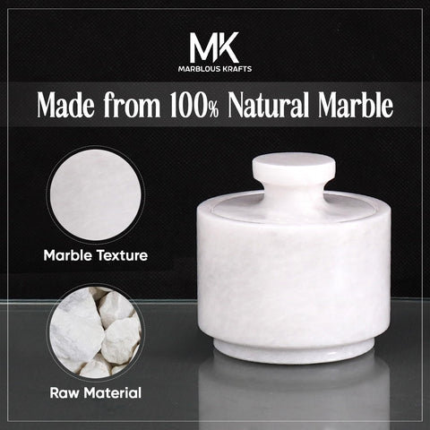 MARBLOUS KRAFTS marble salt cellar with lid shown in branded packaging.