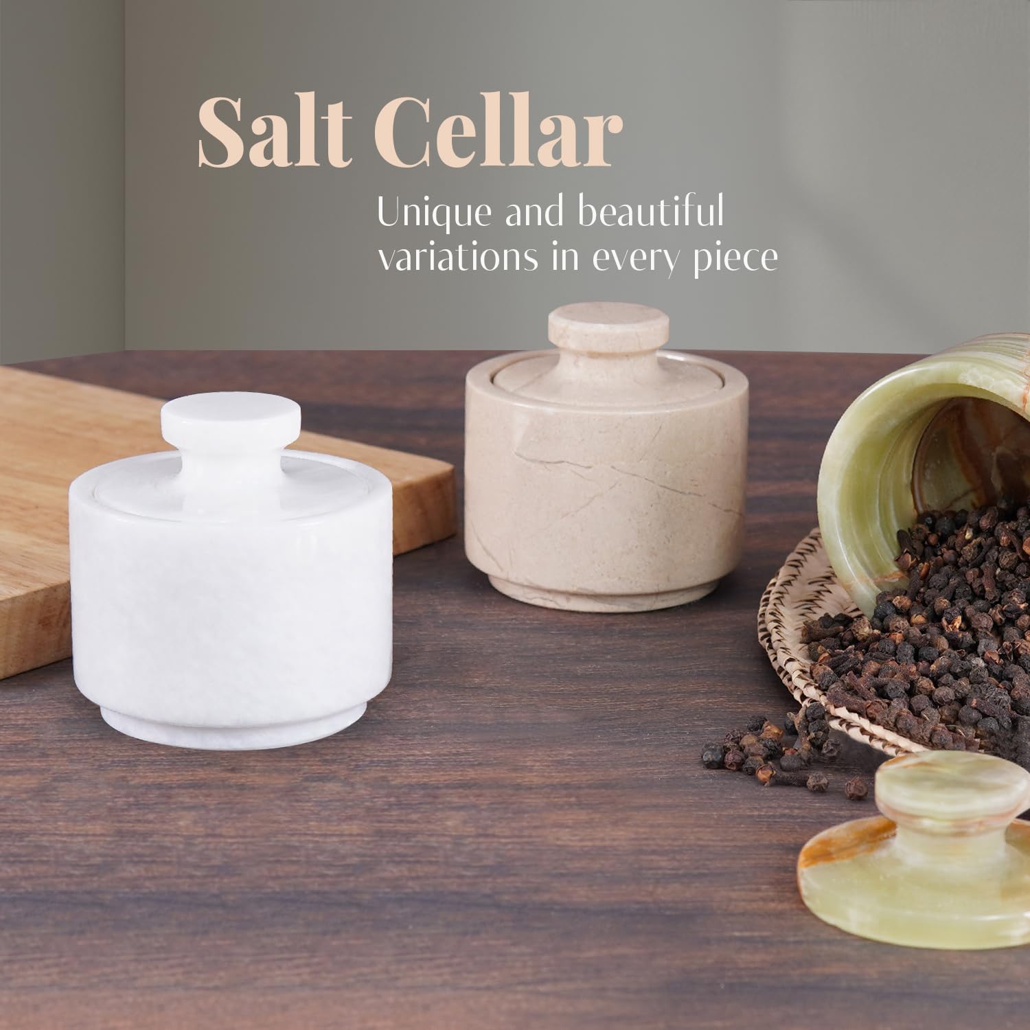 MARBLOUS KRAFTS marble salt container top view highlighting compact size for counters.