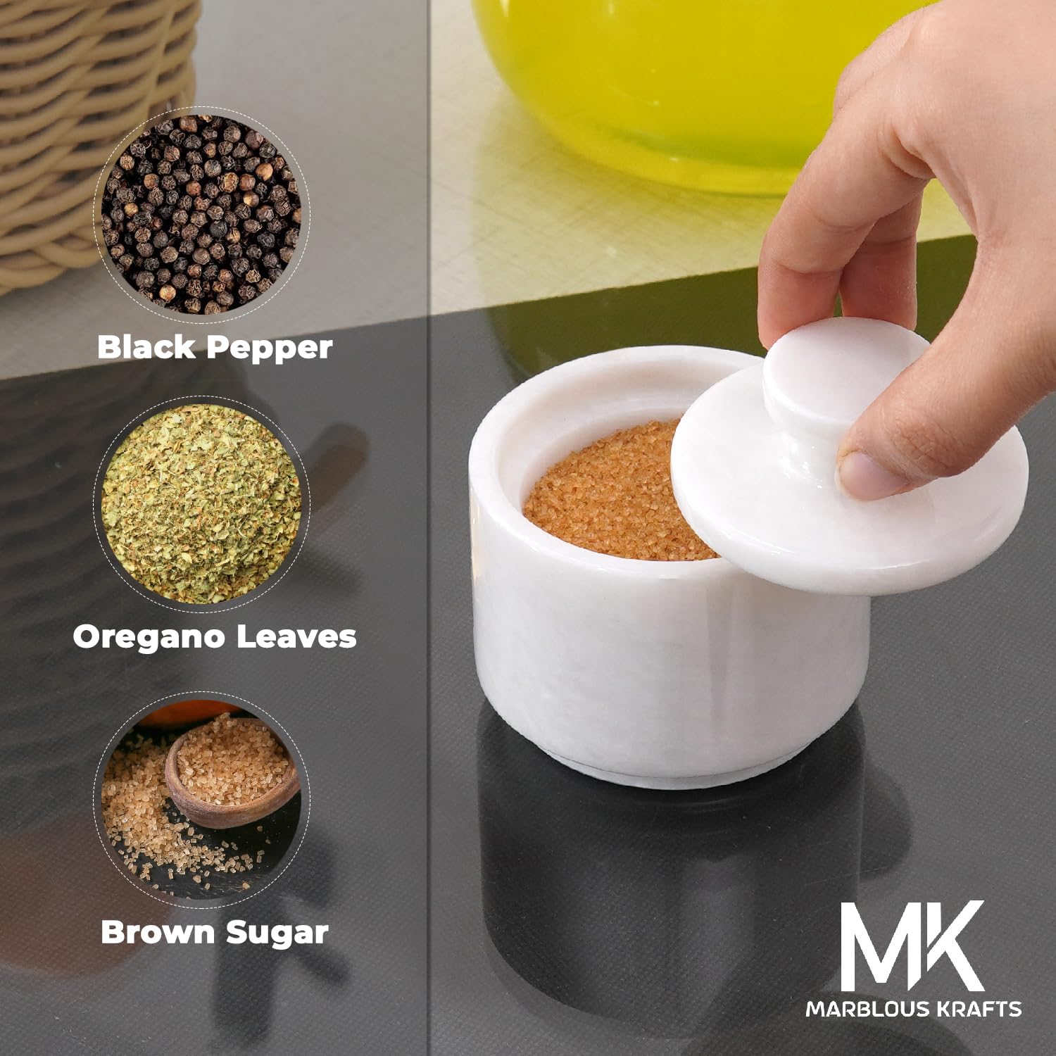 MARBLOUS KRAFTS marble spice jar on countertop demonstrates multipurpose use.