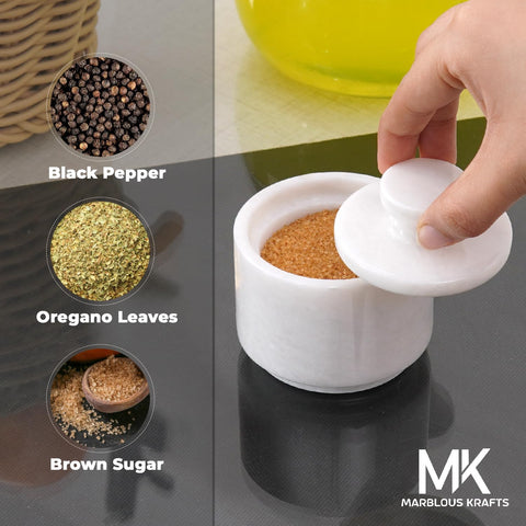 MARBLOUS KRAFTS marble spice jar on countertop demonstrates multipurpose use.