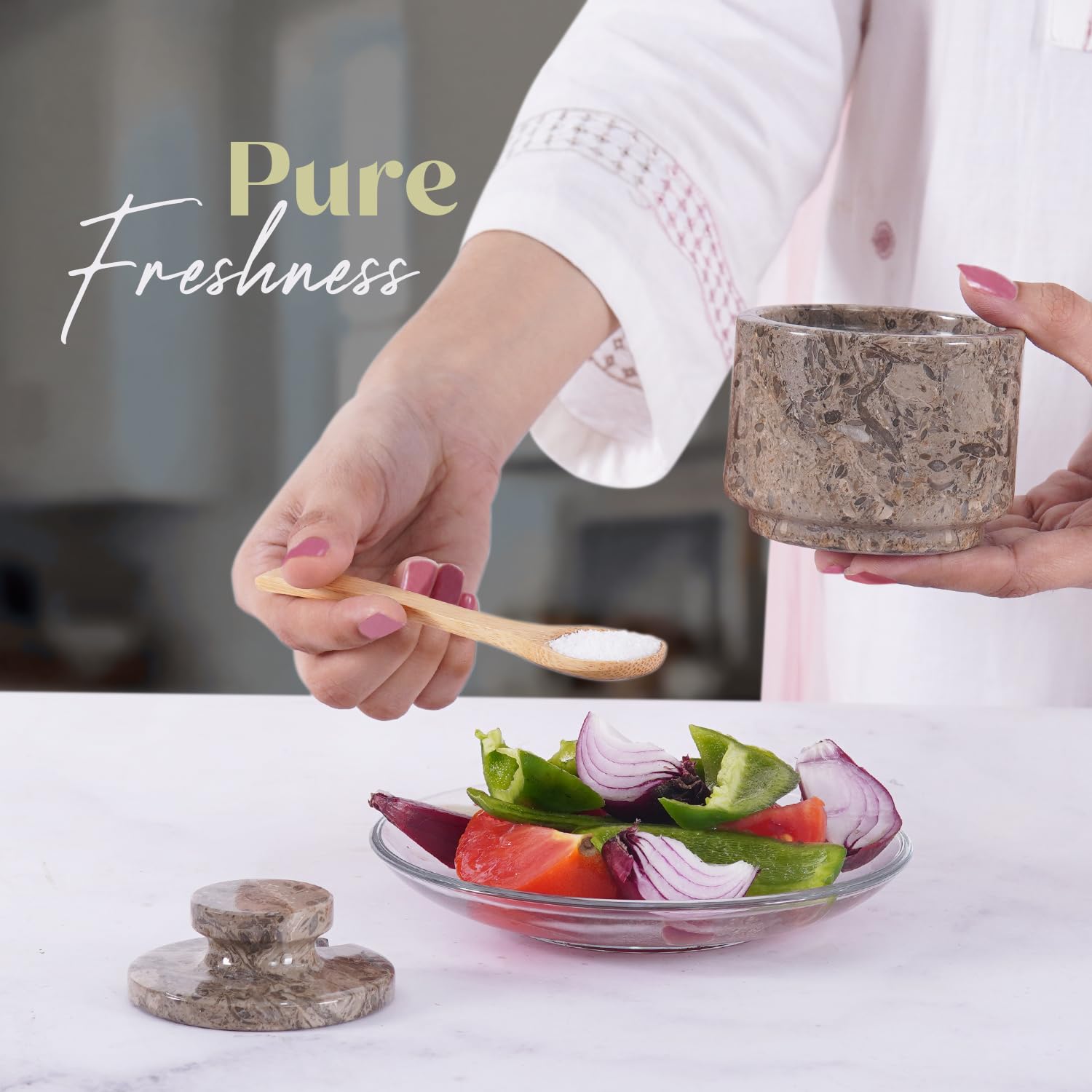 MARBLOUS KRAFTS oceanic salt jar on the counter for easy, mess-free seasoning.