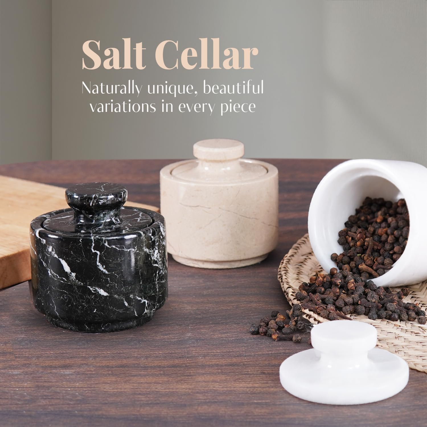 MARBLOUS KRAFTS salt cellar on a clean countertop for easy seasoning access.