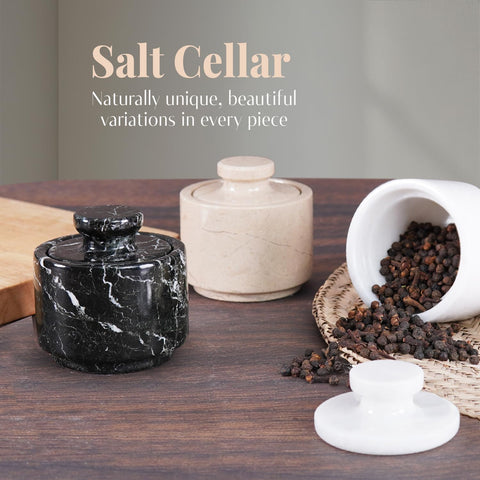 MARBLOUS KRAFTS salt cellar on a clean countertop for easy seasoning access.