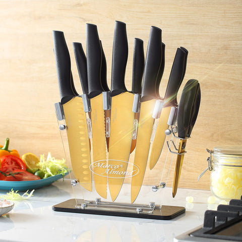 Marco Almond clear acrylic knife block showcases organized cutlery and style.