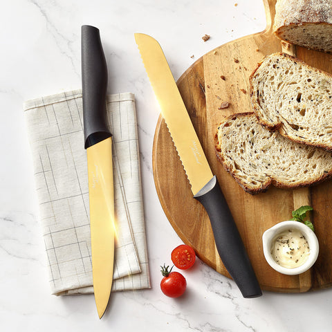 Marco Almond bread knife in gold finish delivers clean cuts and durability.
