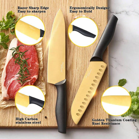 Marco Almond 8-inch chef knife with gold titanium coating for precise slicing.