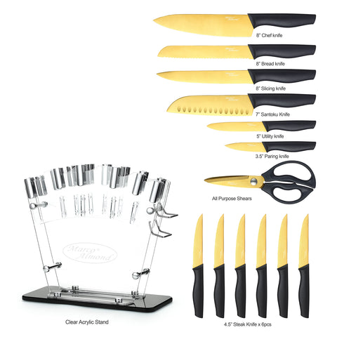 Marco Almond all-purpose kitchen shears beside the clear acrylic stand.