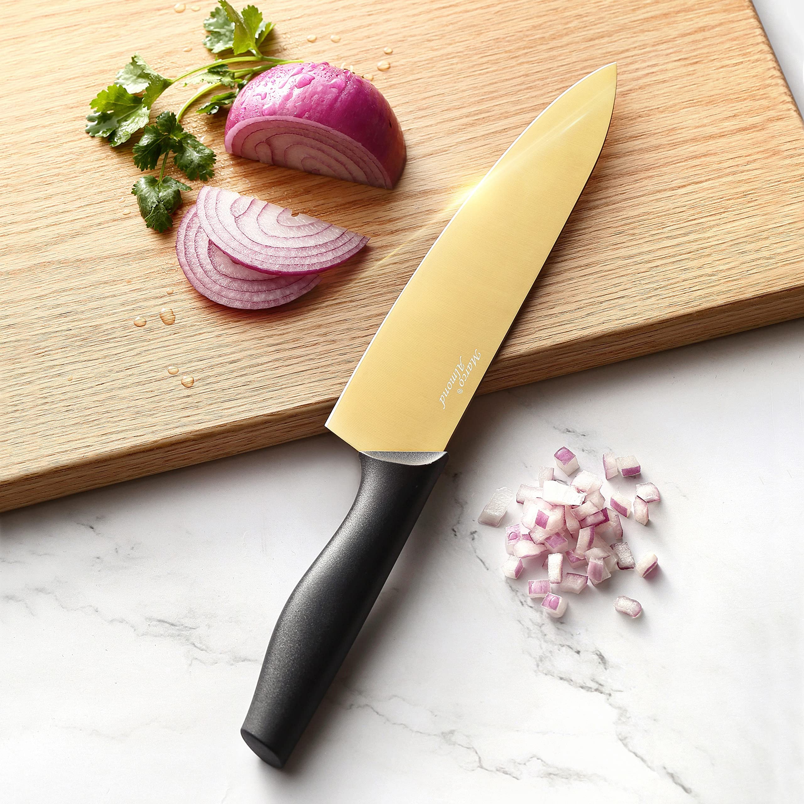 Marco Almond 6-piece steak knives set with gold blades for meals.