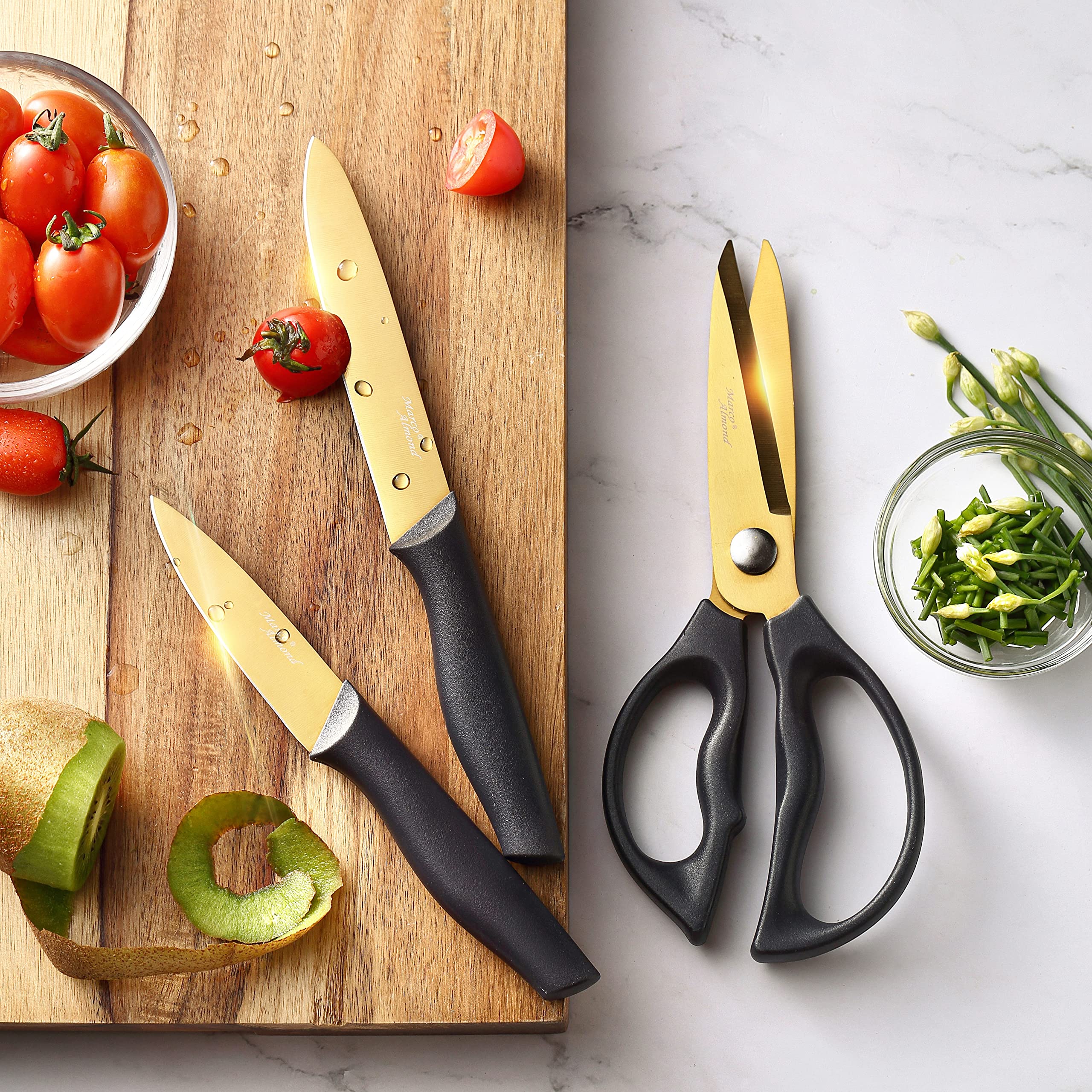 Marco Almond santoku and utility knives, versatile gold tools for everyday cooking.
