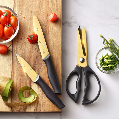 Marco Almond santoku and utility knives, versatile gold tools for everyday cooking.