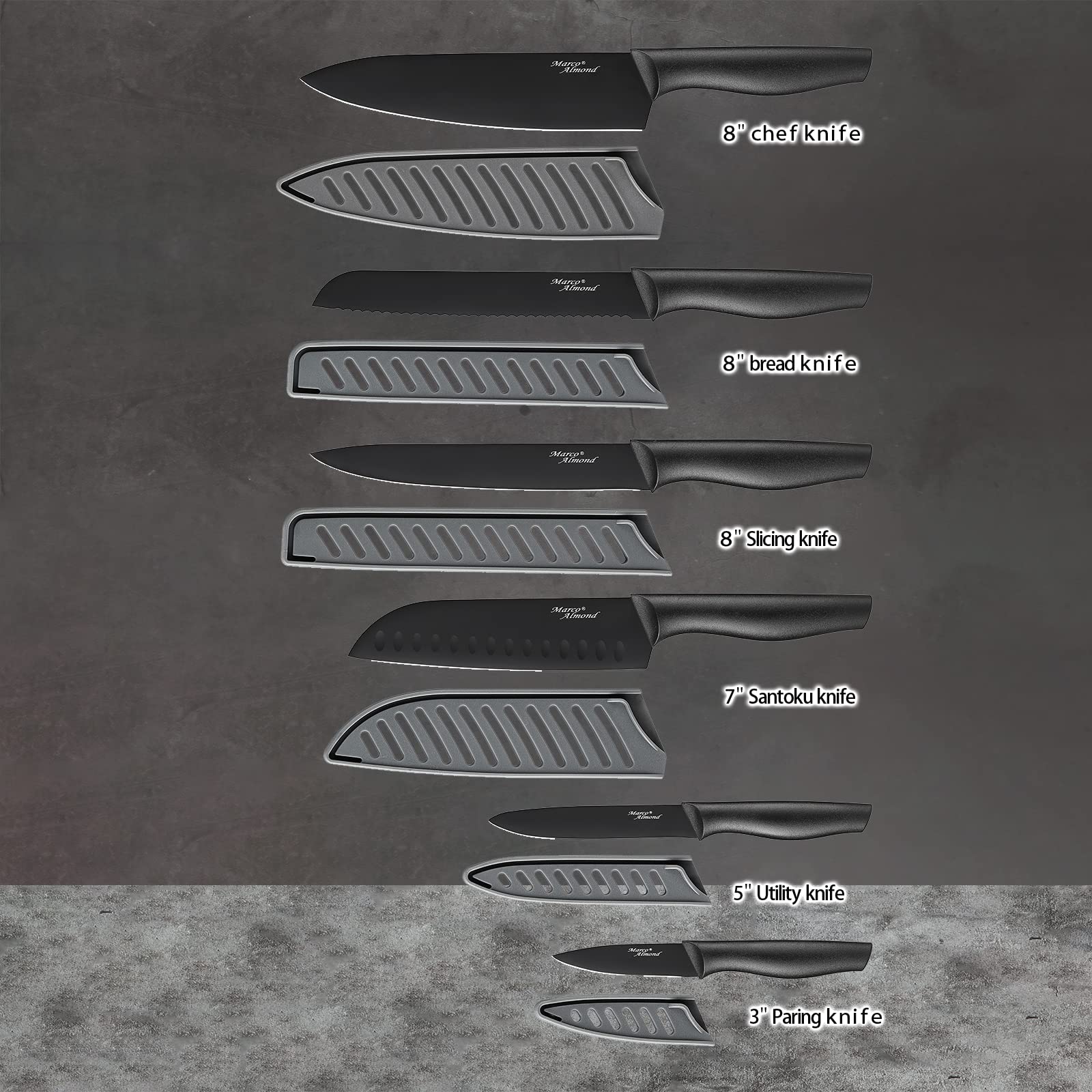 Marco Almond KYA38 slicing knife with sheath for easy transport.