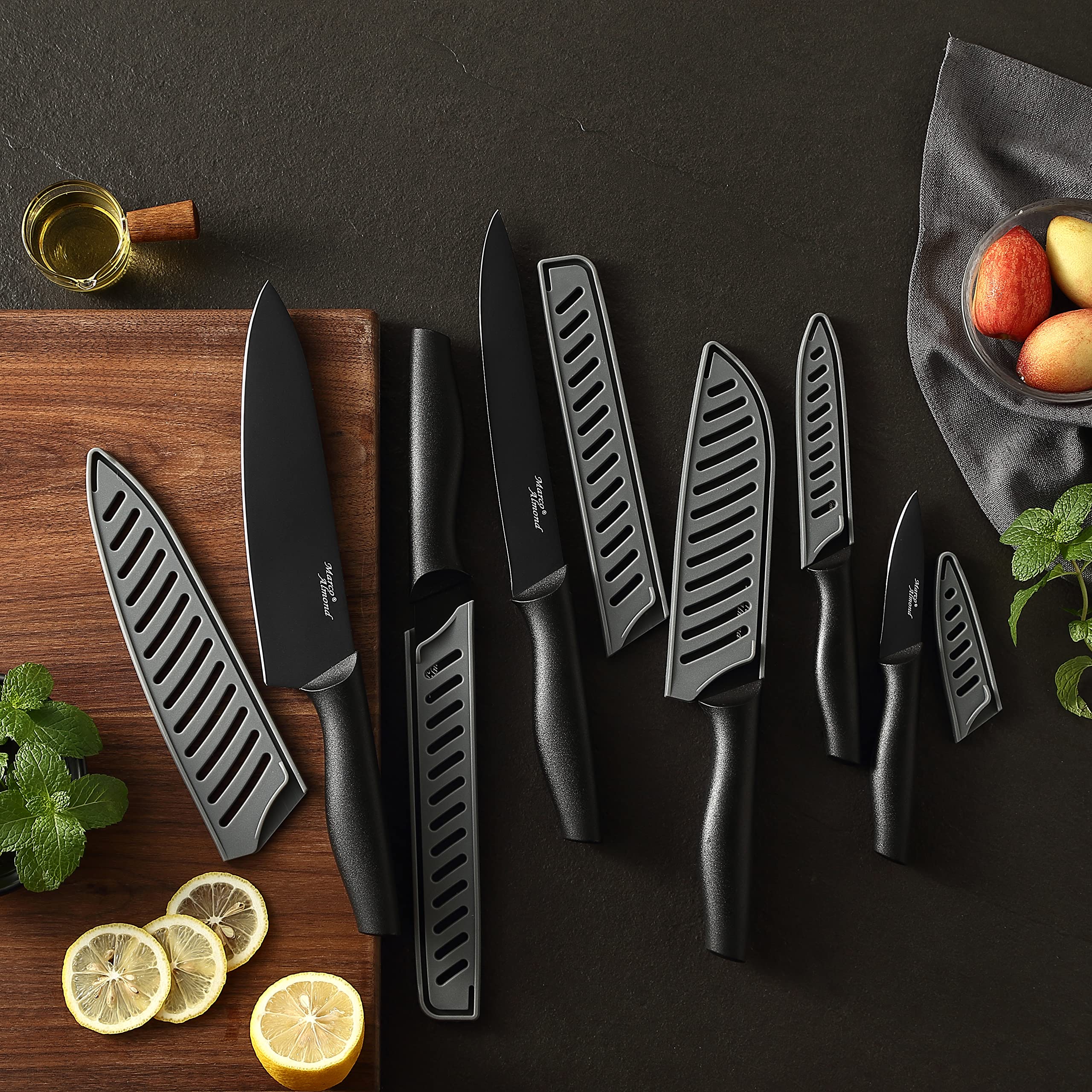 Marco Almond KYA38 stainless steel blades with black non-stick finish.