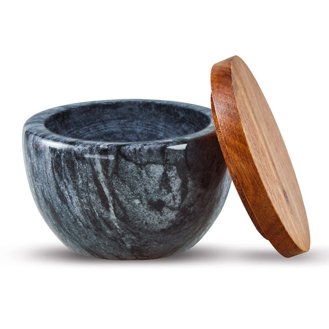 MarcZero salt box with marble base and wooden lid for durable spice storage