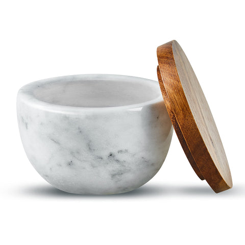 MarcZero salt box with a marble base for elegant kitchen organization.