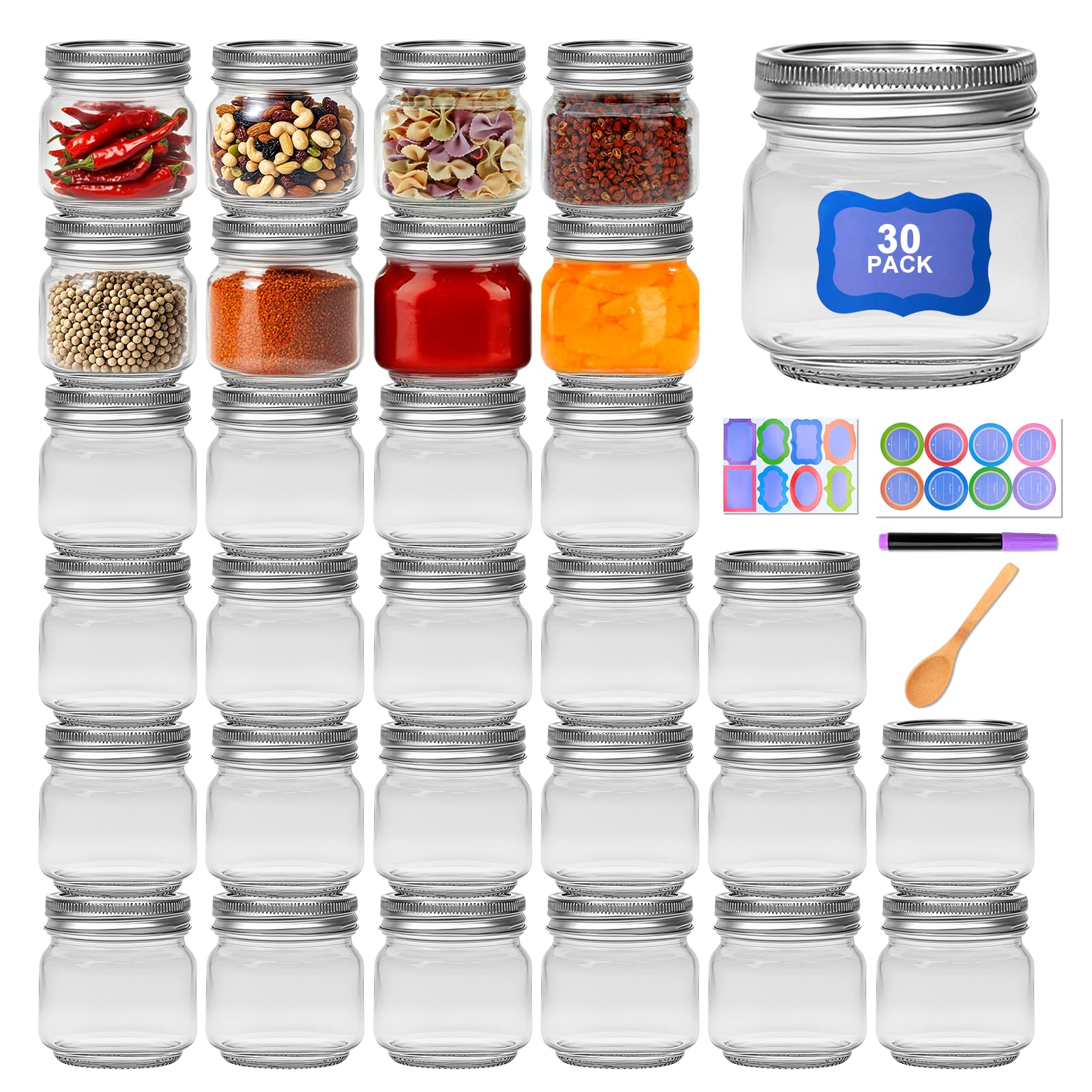 Maredash 8oz mason jars with lids shown for pantry storage and gifting.