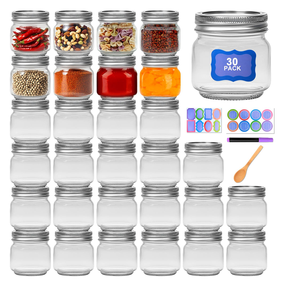 Maredash 8oz mason jars with lids shown for pantry storage and gifting.