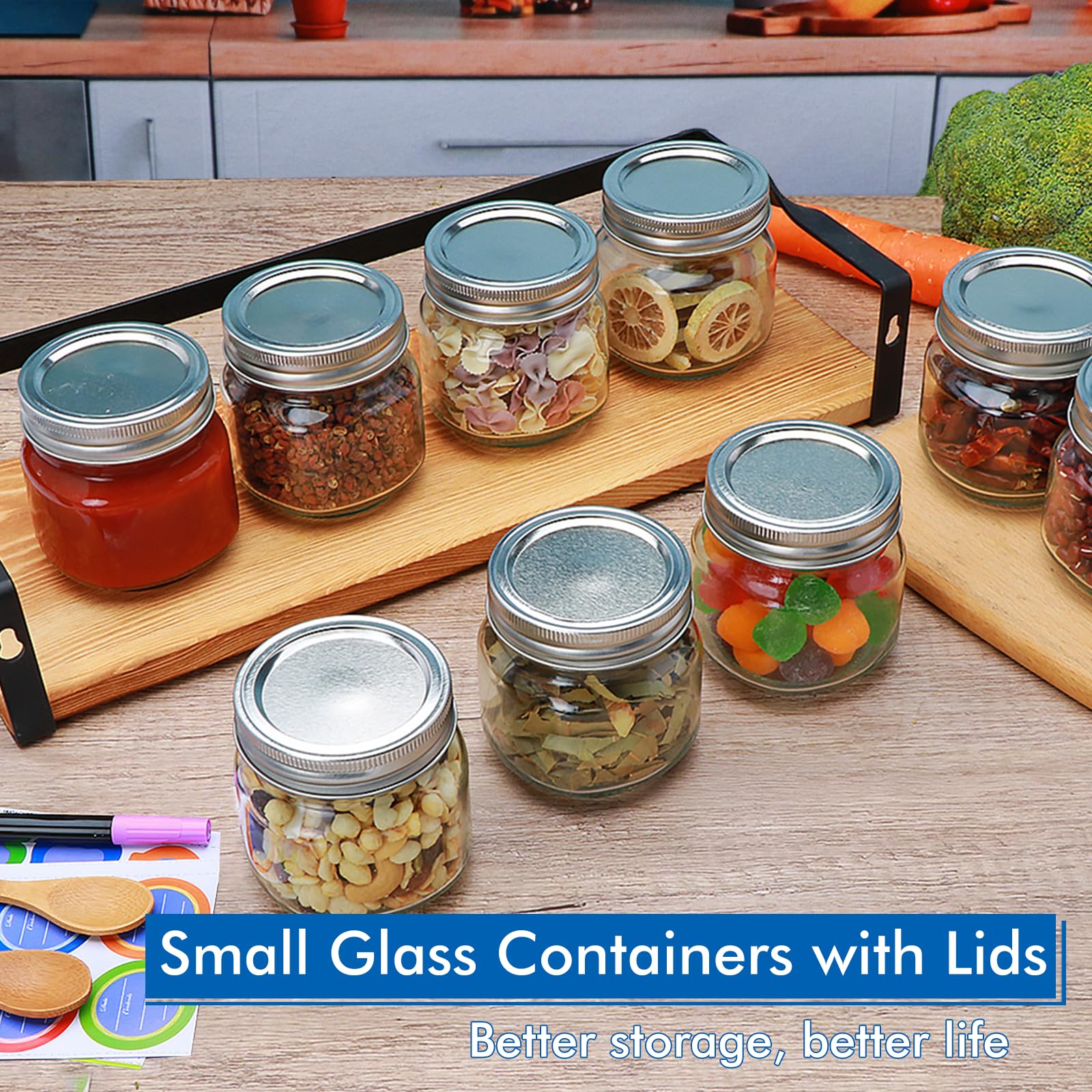 Maredash thick glass close-up highlights sturdy 8oz jars for daily use.