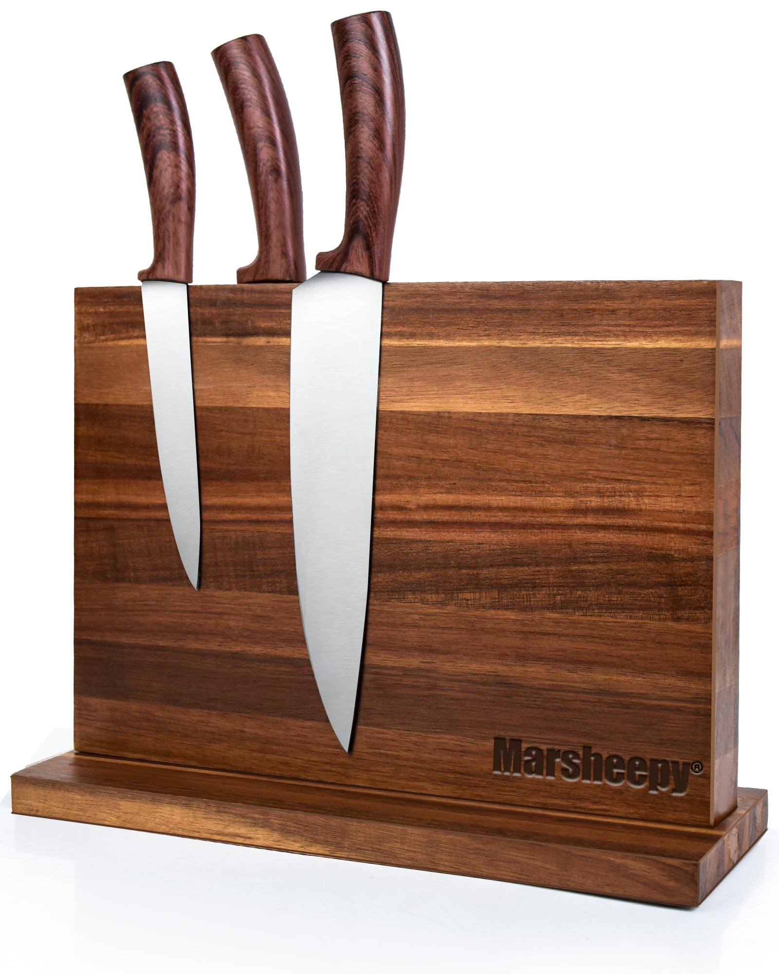 Marsheepy acacia wood knife block front view with easy-access blade storage.