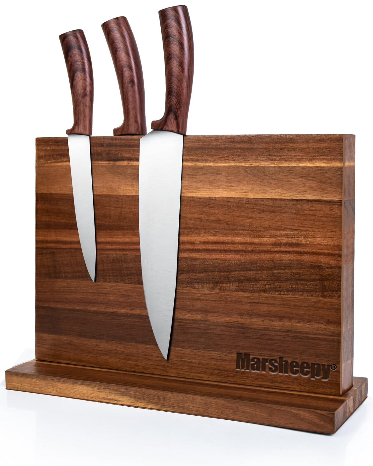 Marsheepy acacia wood knife block front view with easy-access blade storage.