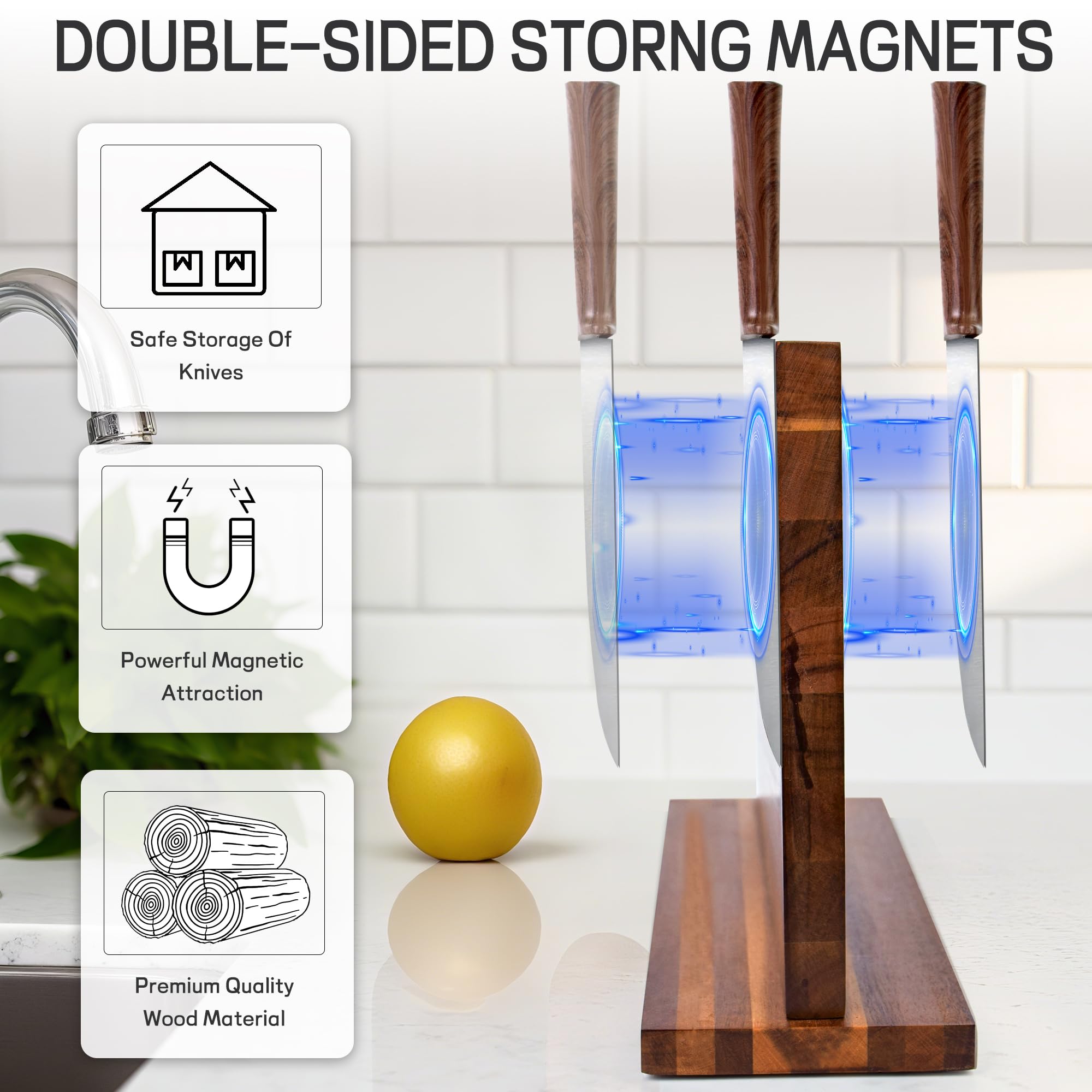 Marsheepy acacia wood knife block magnets side view showing strong knife hold.