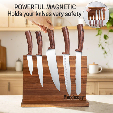 Marsheepy knife block in use holds paring, santoku, and bread knives safely.