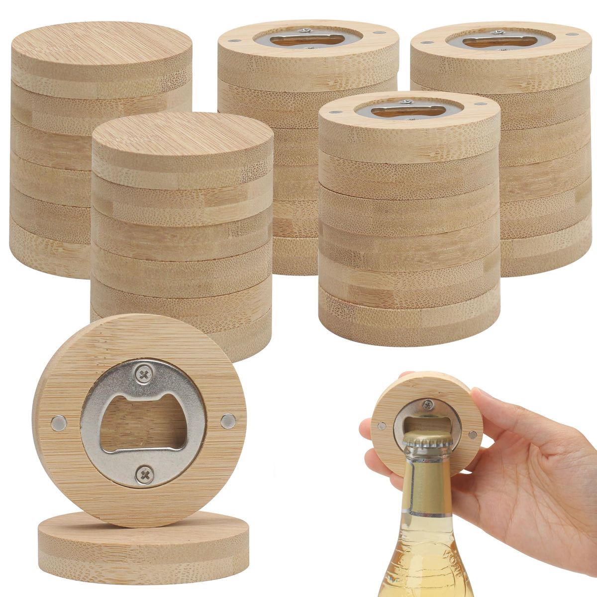 Marsrut bamboo bottle opener with magnetic holder for easy fridge access.