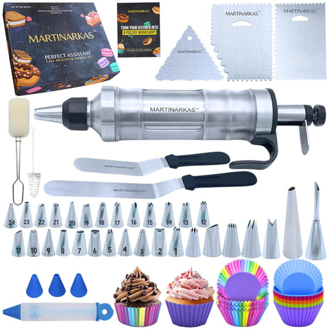 MARTINARKAS frosting gun in stainless steel for smooth icing on cakes.