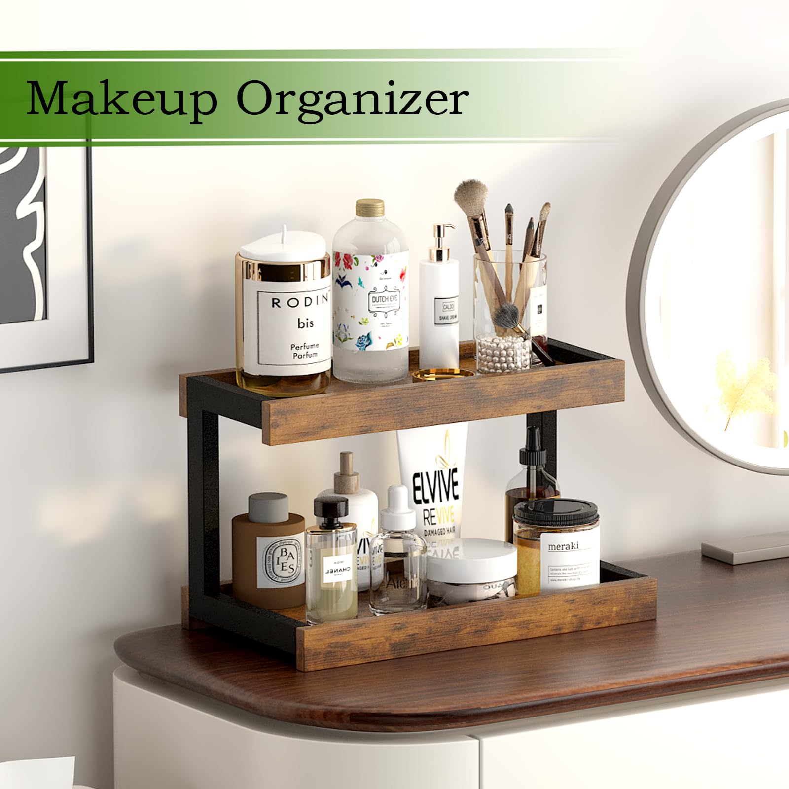 MARTY 2-Tier Spice Rack rustic brown finish highlights