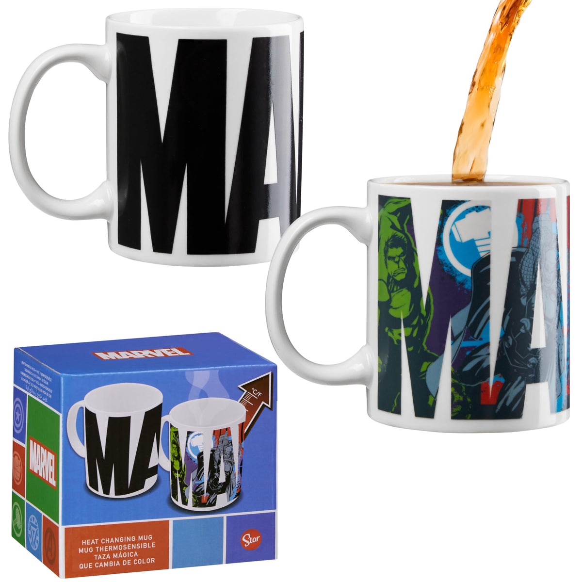 Marvel Coffee Mug colour-change design reveals vibrant artwork when heated.