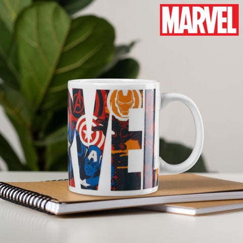 Marvel Coffee Mug front view showcases iconic design and premium ceramic quality.