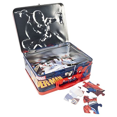 Open tin reveals bright Spiderman design and puzzle pieces for quick access.