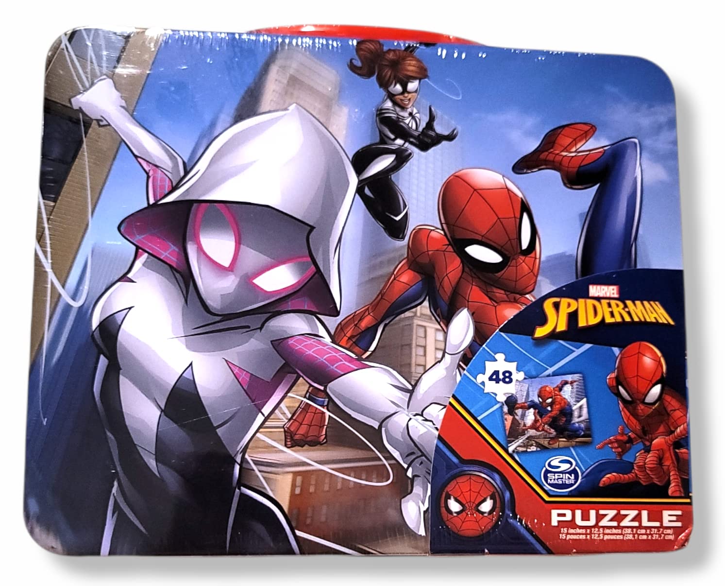 Spiderman puzzle inside lunch box to entertain during travel.