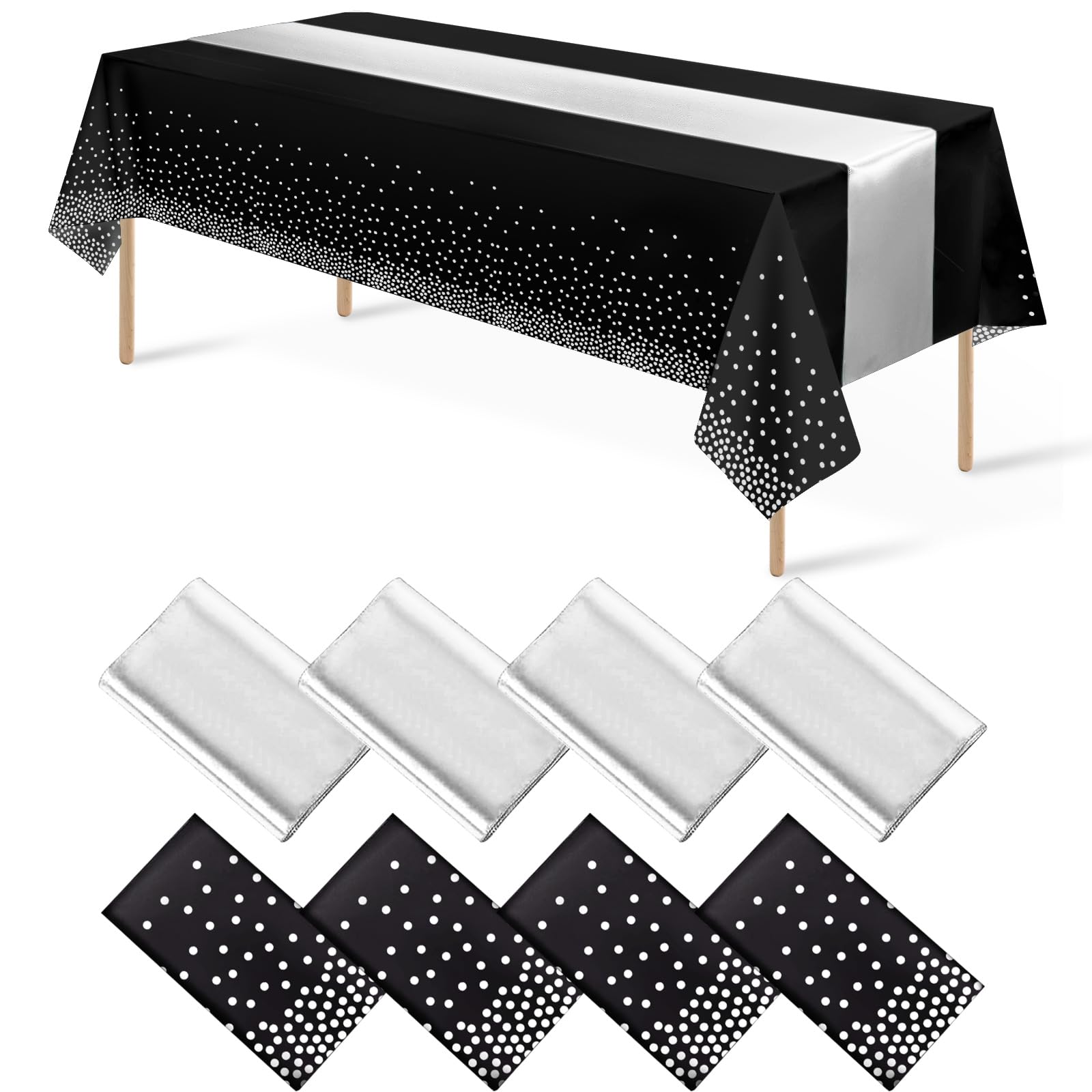 MASHAN 8Pack disposable tablecloth with black-silver dots for quick cleanup.
