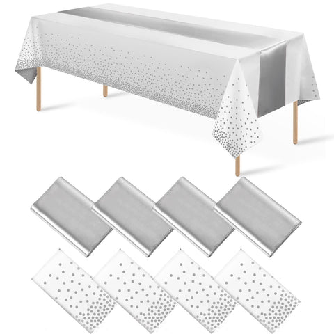 MASHAN 8Pack tablecloth with white and silver dot for elegant events.